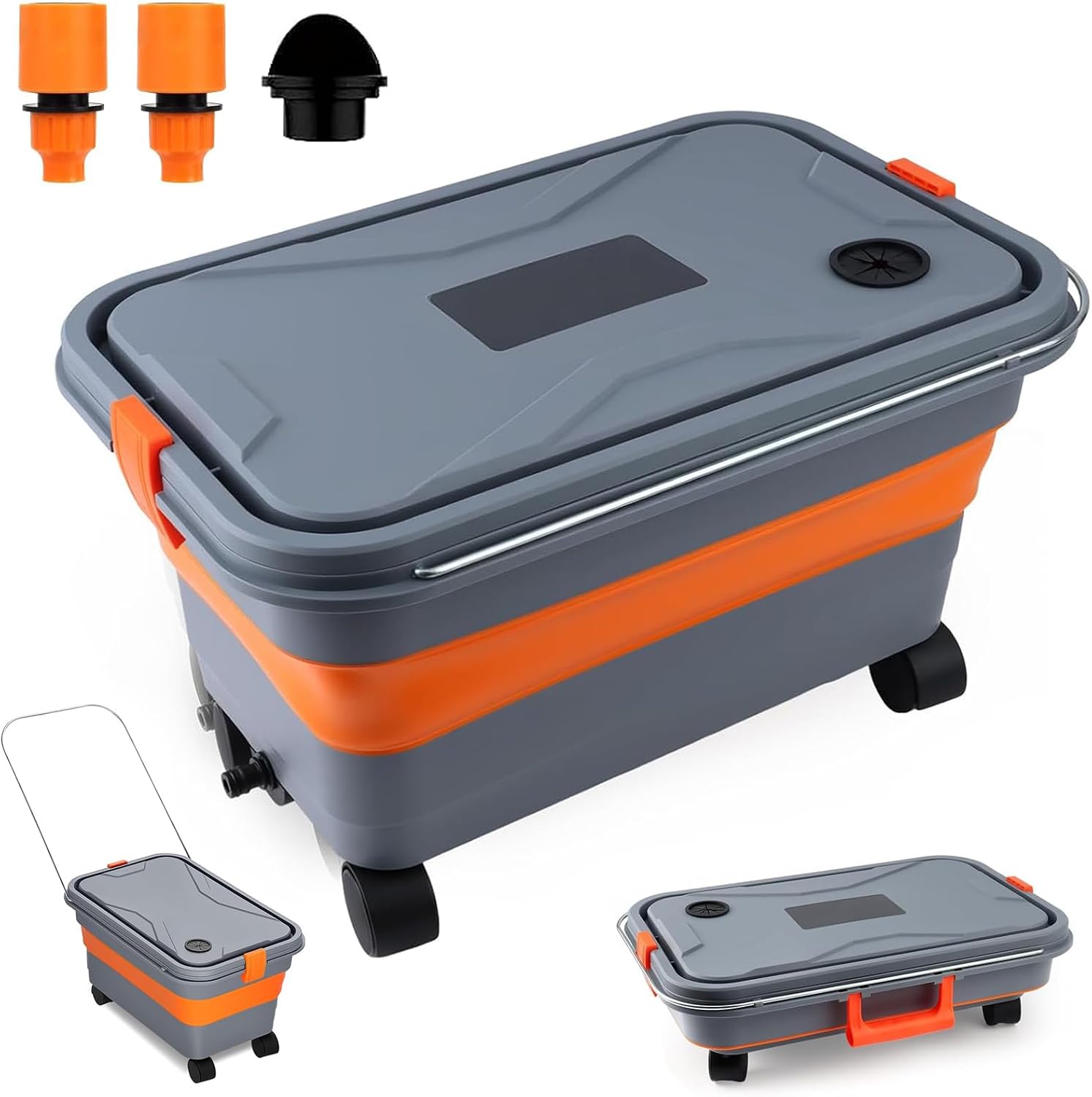 Collapsible Bucket 5.8 Gallon for Car Washing with Wheels, Drain Plug, Universal Connectors for Cordless Pressure Washer, Foldable Car Wash Bucket for Car,Mop Cleaning, Camping, RV, Pet Bath