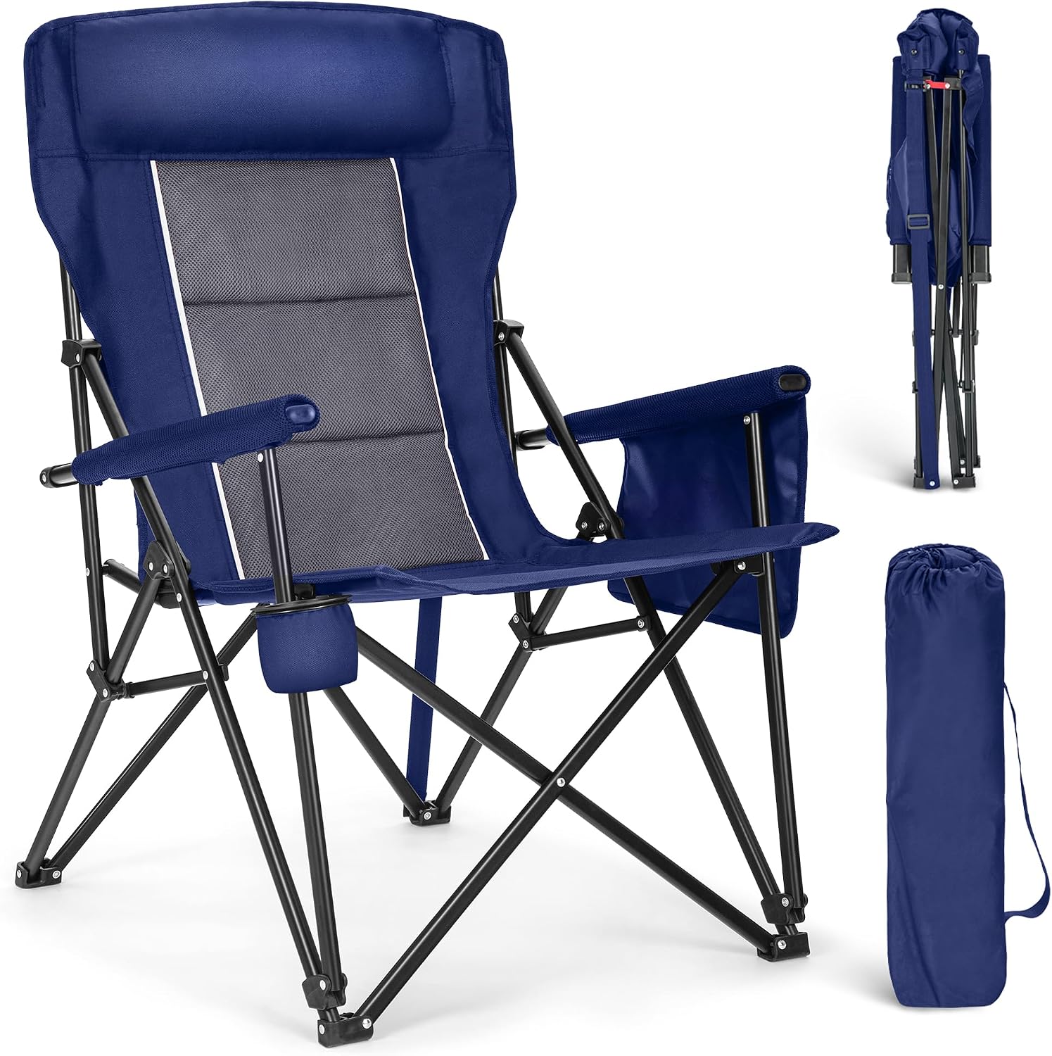 Oversized Folding Camping Chair, High Backrest, Heavy-Duty Lawn Chair, 500 lbs Load Capacity