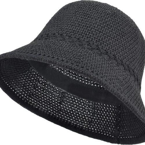 Women Crochet Bucket Hat Packable Faux Straw UV Protection Adjustable Breathable